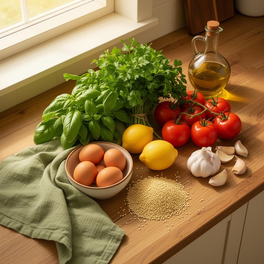 Fresh kitchen ingredients arranged on a wooden counter