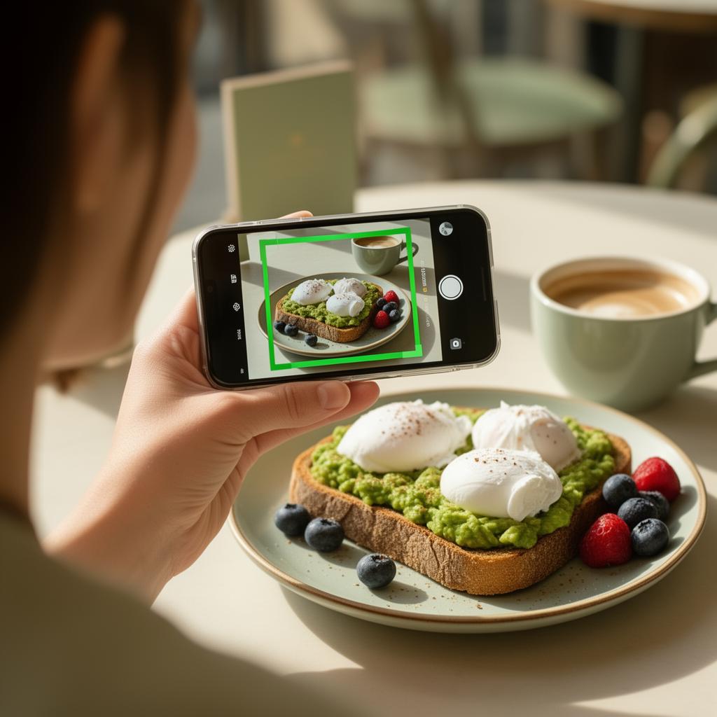 A hand photographing avocado toast with poached eggs at a sunny cafe